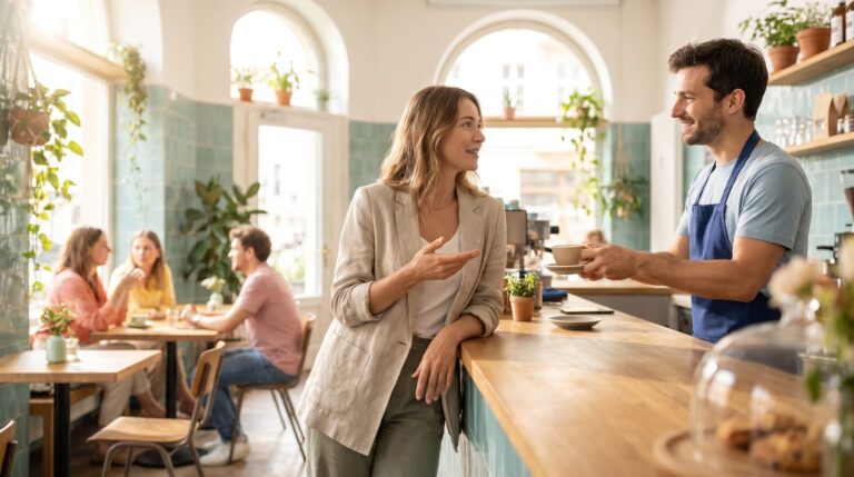 Kobieta zamawia kawę przy barze w jasnej kawiarni, barista podaje filiżankę